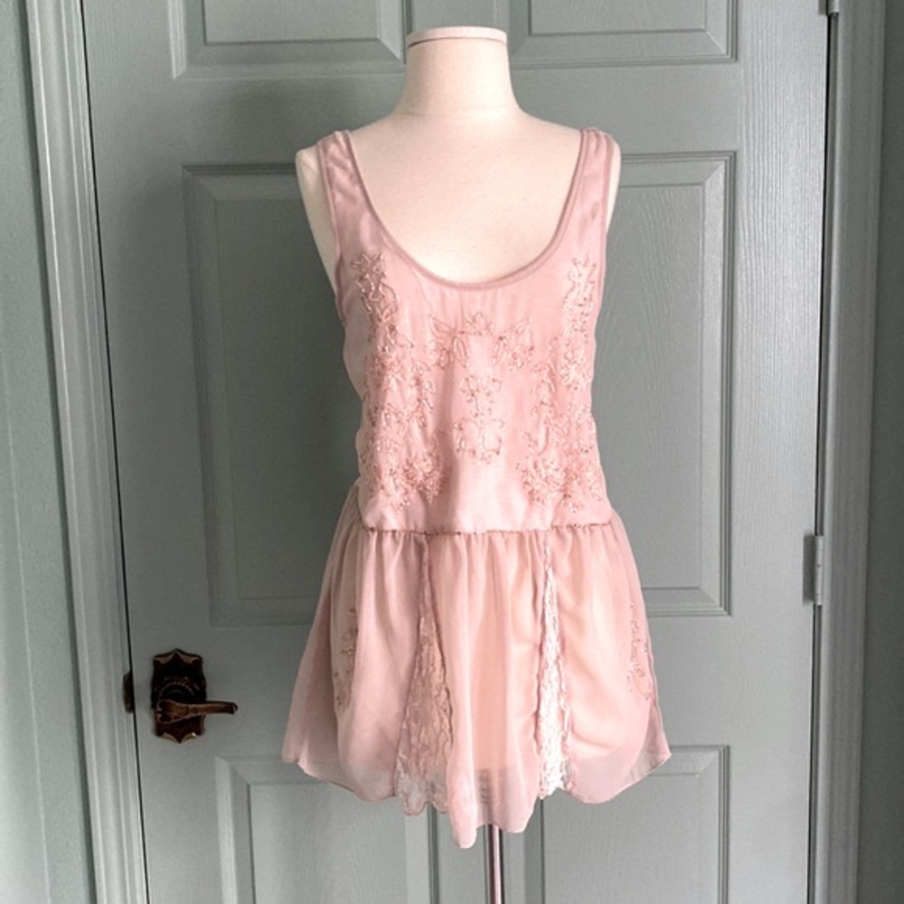 KIMCHI BLUE pale pink beaded lace sheer and cotton drop waist fairycore tank